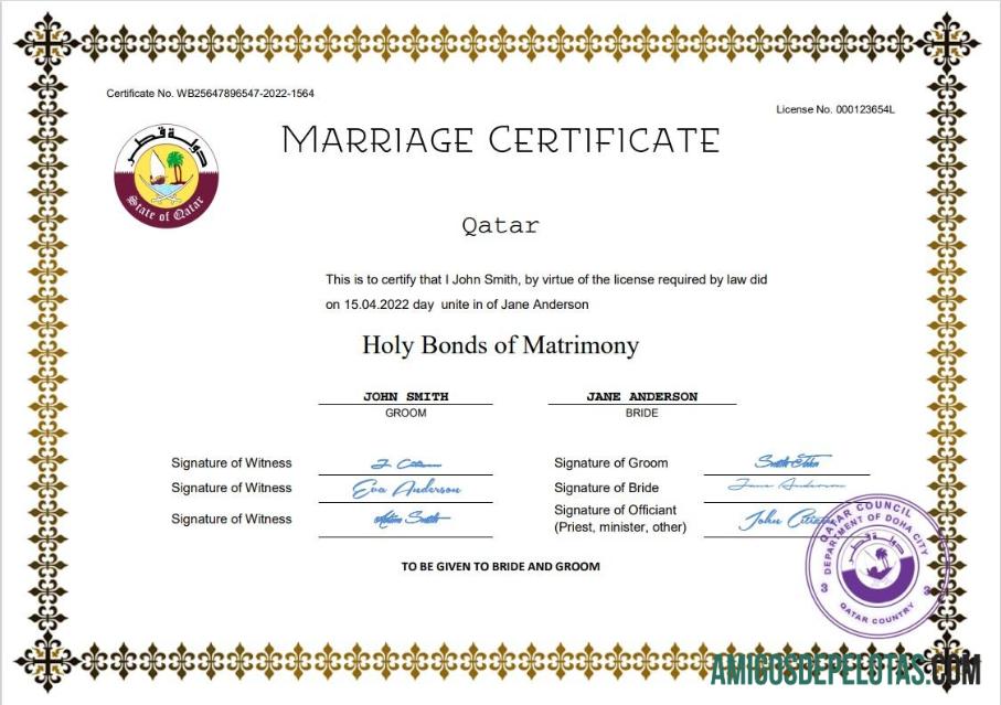 Em branco modelo Word e PDF de certidão de casamento do Catar